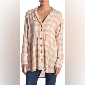 Free People All About The Feels Pink Plaid Tunic Top